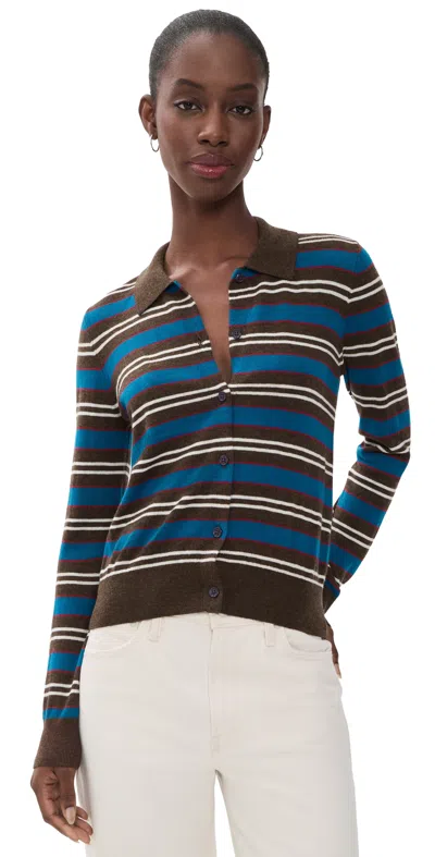 Pistola Lyvia Long Sleeve Merino Polo Cardigan Tealwood Stripe In Blue