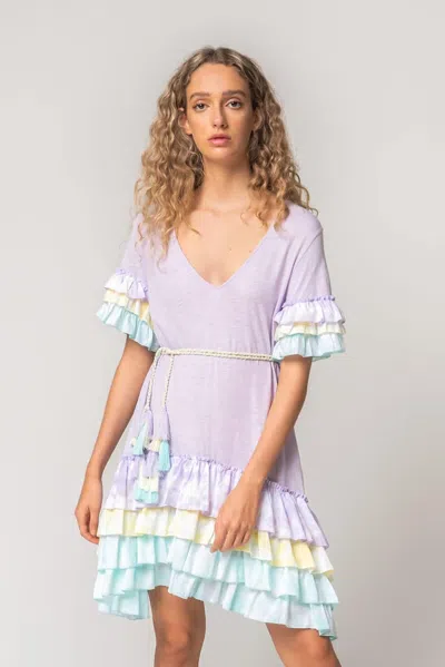 Pitusa Bohemian Ruffle Dress In Lilac | Pastel Ruffle Sleeve Boho T-shirt Dress | V Neckline | Womens Bohem In Purple