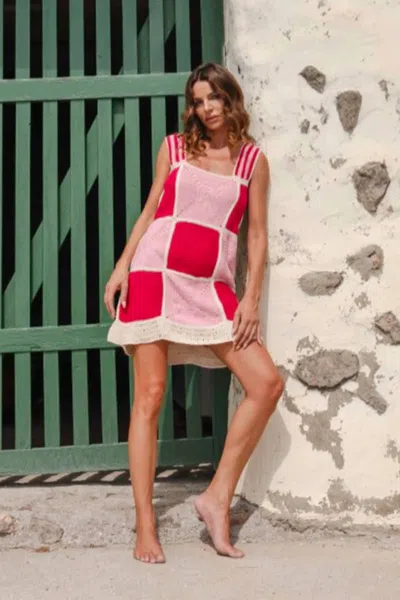 Pitusa Crochet Checkered Mini Dress In Pink In Multi