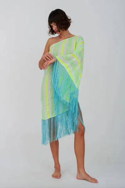 Pitusa Fringed One Shoulder Kaftan Neon Yellow In Multi