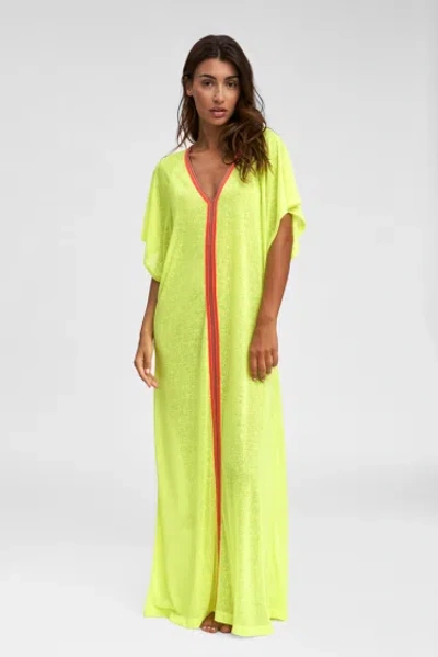 Pitusa Inca Abaya In Lemon Yellow | Designer Floor Length Beach Cover Up | Kaftan Dress &amp; Inca Trim | L