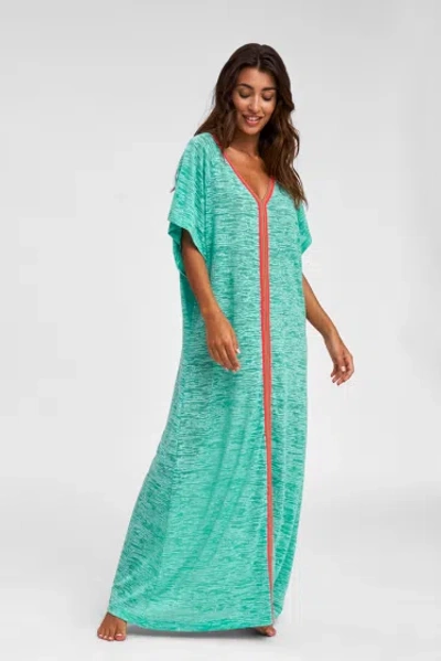 Pitusa Inca Abaya In Mint | Designer Floor Length Turquoise Beach Cover Up | Kaftan V-neck Dress With Trim  In Blue