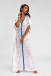 Pitusa Inca Abaya In White | Designer Full Length Beach Cover Up | Kaftan V-neck Dress With Blue Trim | Lig In Gray