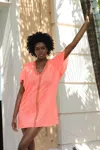Pitusa Mini Abaya In Coral Pink | Relaxed Fit Beach Shirt Cover Up | Trendy Short Dress &amp; Inca Trim | L In Red