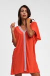 Pitusa Mini Pima Abaya In Blood Orange | Beach Shirt Cover Up | Trendy Short Dress With Inca Trim | Lightwe In Orange