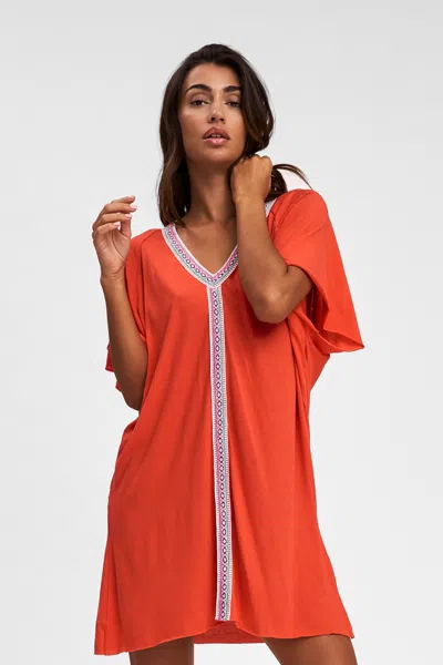 Pitusa Mini Pima Abaya In Blood Orange | Beach Shirt Cover Up | Trendy Short Dress With Inca Trim | Lightwe