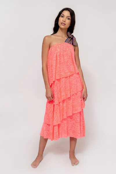 Pitusa One Shoulder Summer Dress In Pink | Inca Bow Strap &amp; Multi Layer Ruffles | Lightweight Cotton Mi