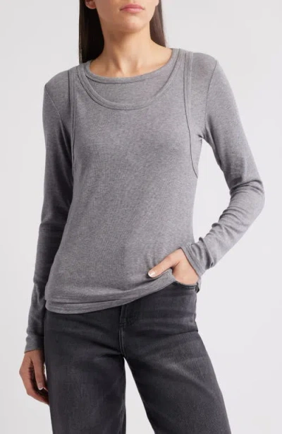 Pixie Market Double Layered Tank Long Sleeve Jersey Top In Grey