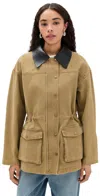 Pixie Market Faux Leather Collar Barn Jacket Khaki In Khaki