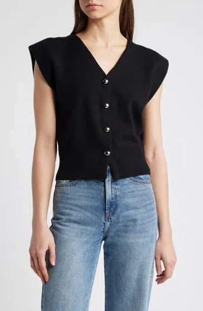 Pixie Market Padded Shoulder Button-up Top In Black