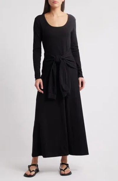 Pixie Market Tie Waist Long Sleeve Maxi Dress In Black