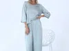 Pj Harlow Perla Satin Crew Neck Three Quarter Sleeve Top In Sage In Blue