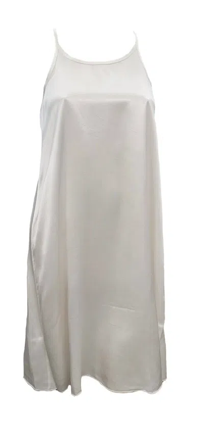 Pj Harlow Ruby Satin Knee Length Gown With Spaghetti Straps & Gathered Back In Pearl In White