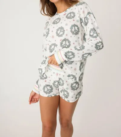 Pj Salvage Joy To The World Waffle Thermal Long Sleeve Top In Cream In White