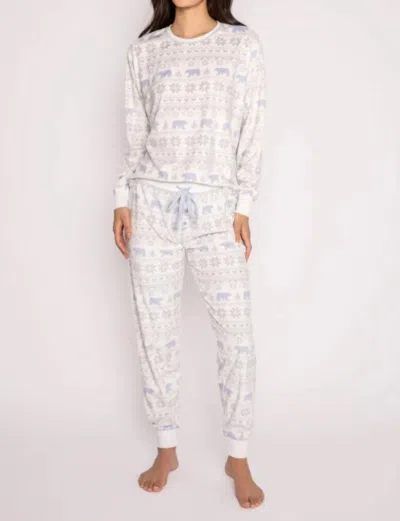 Pj Salvage Polar Bear Express Luxe Micro Velour Top And Pant Set In Ivory In Multi