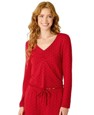 Pj Salvage Women's Femme De Noel Long-sleeve Peter Pan Collar Polka-dot Pajama Top In Lipstick