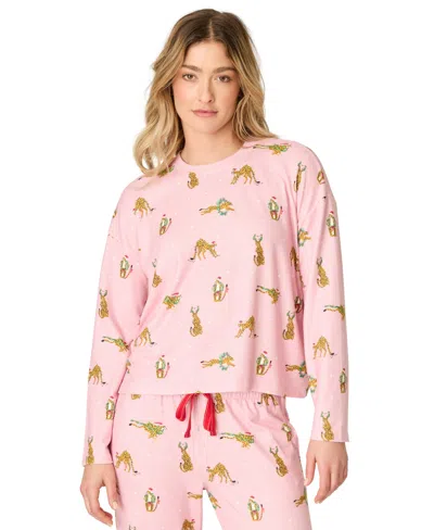 Pj Salvage Women's Very Merry Long-sleeve Leopard-print Butter Jersey Pajama Top In Pink