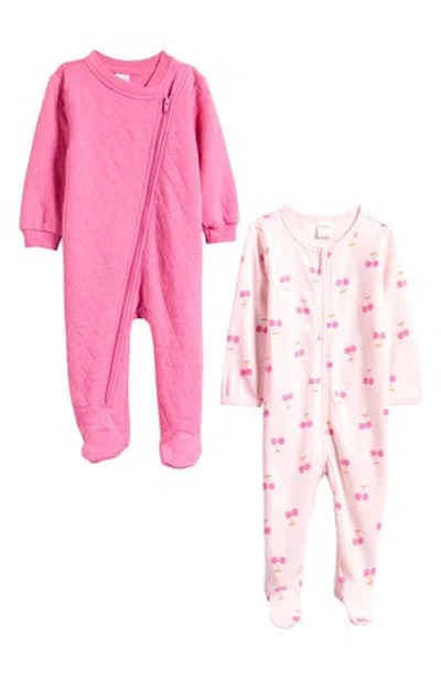 Pl Baby By Petit Lem 2-pack Zip Footies In Pink Cherry