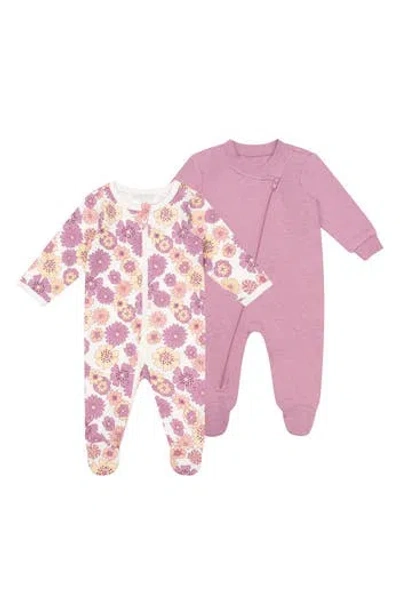 Pl Baby By Petit Lem 2-pack Zip Footies In Purple Flower
