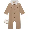 Pl Baby By Petit Lem 2-piece Fleece Collar Corduroy Romper Set In Bei-beige