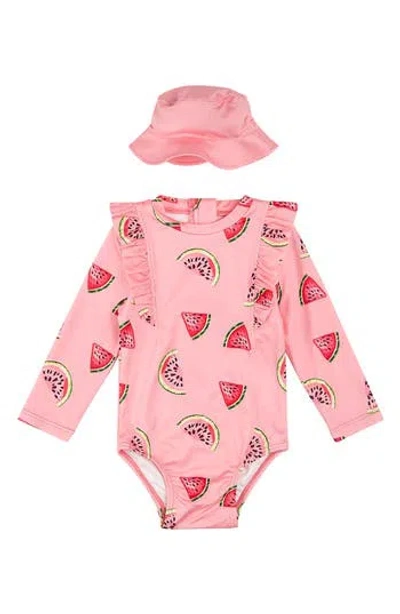 Pl Baby By Petit Lem 2-piece Long Sleeve Swimsuit & Cap Set In Coral