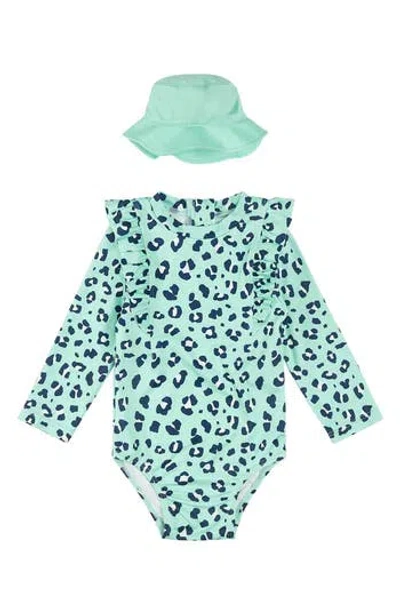 Pl Baby By Petit Lem 2-piece Long Sleeve Swimsuit & Cap Set In Turquoise