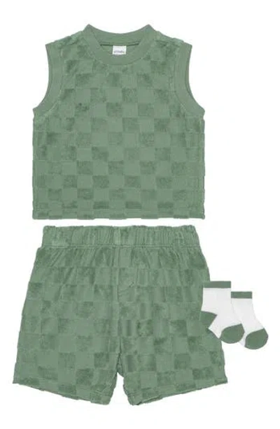 Pl Baby By Petit Lem 3-piece Check Terry Tank & Shorts Set In Sage