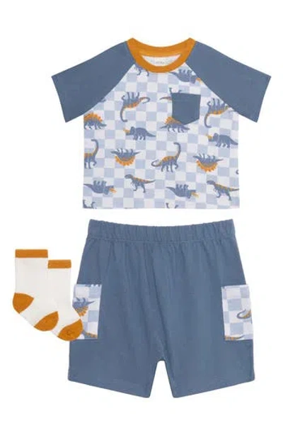 Pl Baby By Petit Lem 3-piece Dino Check Set In Blue