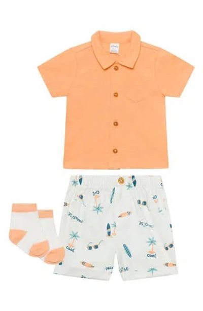 Pl Baby By Petit Lem 3-piece Terry Polo & Shorts Set In Surf