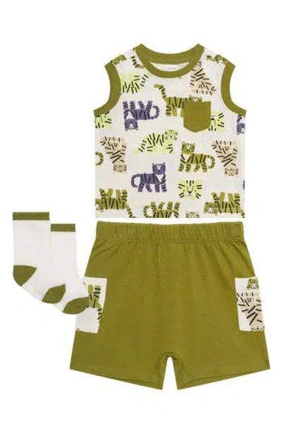 Pl Baby By Petit Lem Animal Print Tank, Shorts & Socks Set In Green