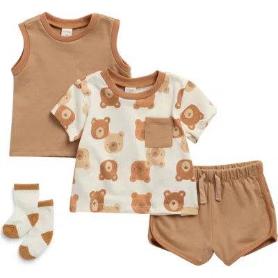 Pl Baby By Petit Lem Bear Top, Vest, Shorts & Socks Set In Brown