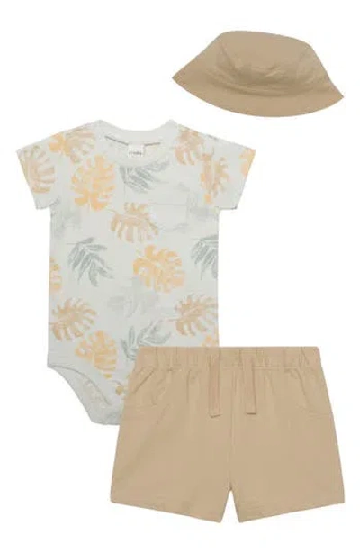 Pl Baby By Petit Lem Bodysuit, Shorts & Hat Set In Beige Tropical