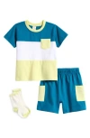 Pl Baby By Petit Lem Colorblock Short Sleeve Tee, Shorts & Socks Set In Blue