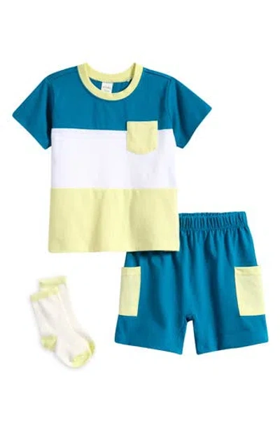 Pl Baby By Petit Lem Colorblock Short Sleeve Tee, Shorts & Socks Set In Blue