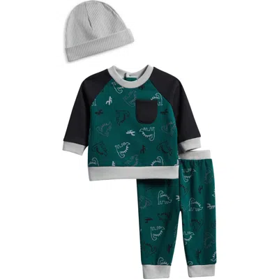 Pl Baby By Petit Lem Colorblock Sweatshirt, Joggers & Hat Set In Green