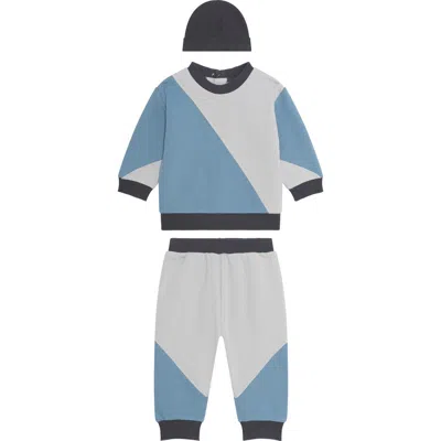 Pl Baby By Petit Lem Colorblock Top, Joggers & Beanie Set In Blue