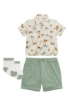 Pl Baby By Petit Lem Cotton Button-up Shirt, Shorts & Socks Set In Palm Tree