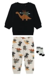Pl Baby By Petit Lem Dinosaur 3-piece Sweatshirt, Joggers & Socks Set In Black