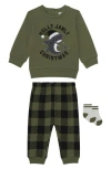 Pl Baby By Petit Lem Dinosaur 3-piece Sweatshirt, Joggers & Socks Set In Green
