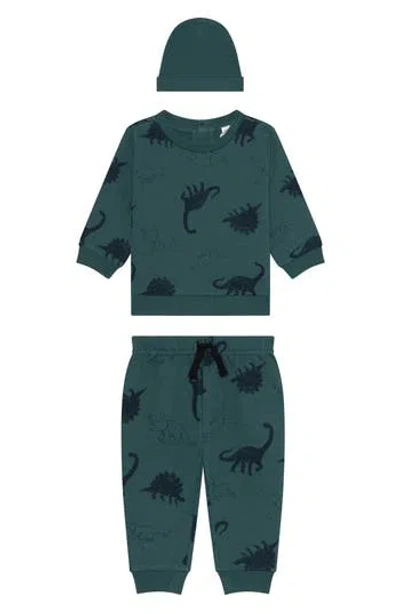 Pl Baby By Petit Lem Dinosaur Sweatshirt, Joggers & Hat Set In Blue