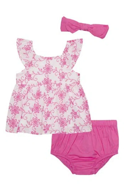 Pl Baby By Petit Lem Eyelet Tunic, Solid Bloomers & Headband Set In Pink