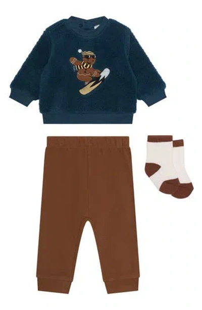 Pl Baby By Petit Lem Faux Shearling Sweatshirt, Leggings & Socks Set In Brown