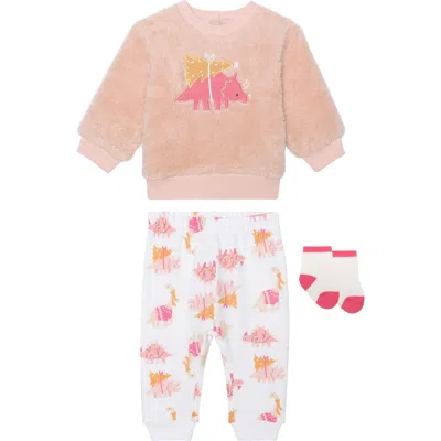 Pl Baby By Petit Lem Faux Shearling Sweatshirt, Leggings & Socks Set In Dino