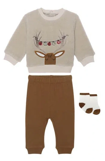 Pl Baby By Petit Lem Faux Shearling Sweatshirt, Leggings & Socks Set In Reindeer