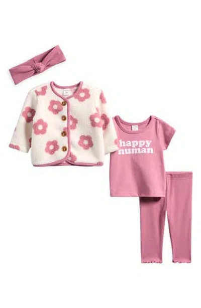 Pl Baby By Petit Lem Fleece Jacket, Graphic T-shirt, Joggers And Headband Set In Pink