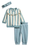 Pl Baby By Petit Lem Fleece Top, Corduroy Pants & Headband Set In Blue