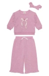 Pl Baby By Petit Lem Floral Ruffle Sweatshirt, Pants & Headband Set In Pink