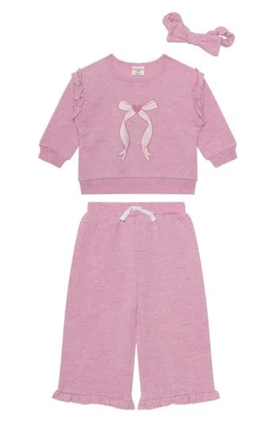 Pl Baby By Petit Lem Floral Ruffle Sweatshirt, Pants & Headband Set In Pink