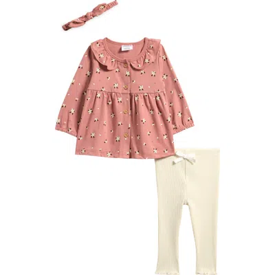 Pl Baby By Petit Lem Floral Top, Leggings & Headband Set In Pink
