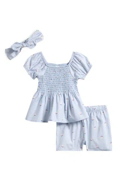 Pl Baby By Petit Lem Floral Woven Smocked Top & Shorts & Headband Set In Blue